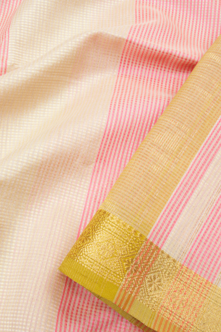 Pink and Cream Handloom Maheswari Silk Cotton Saree 10062608