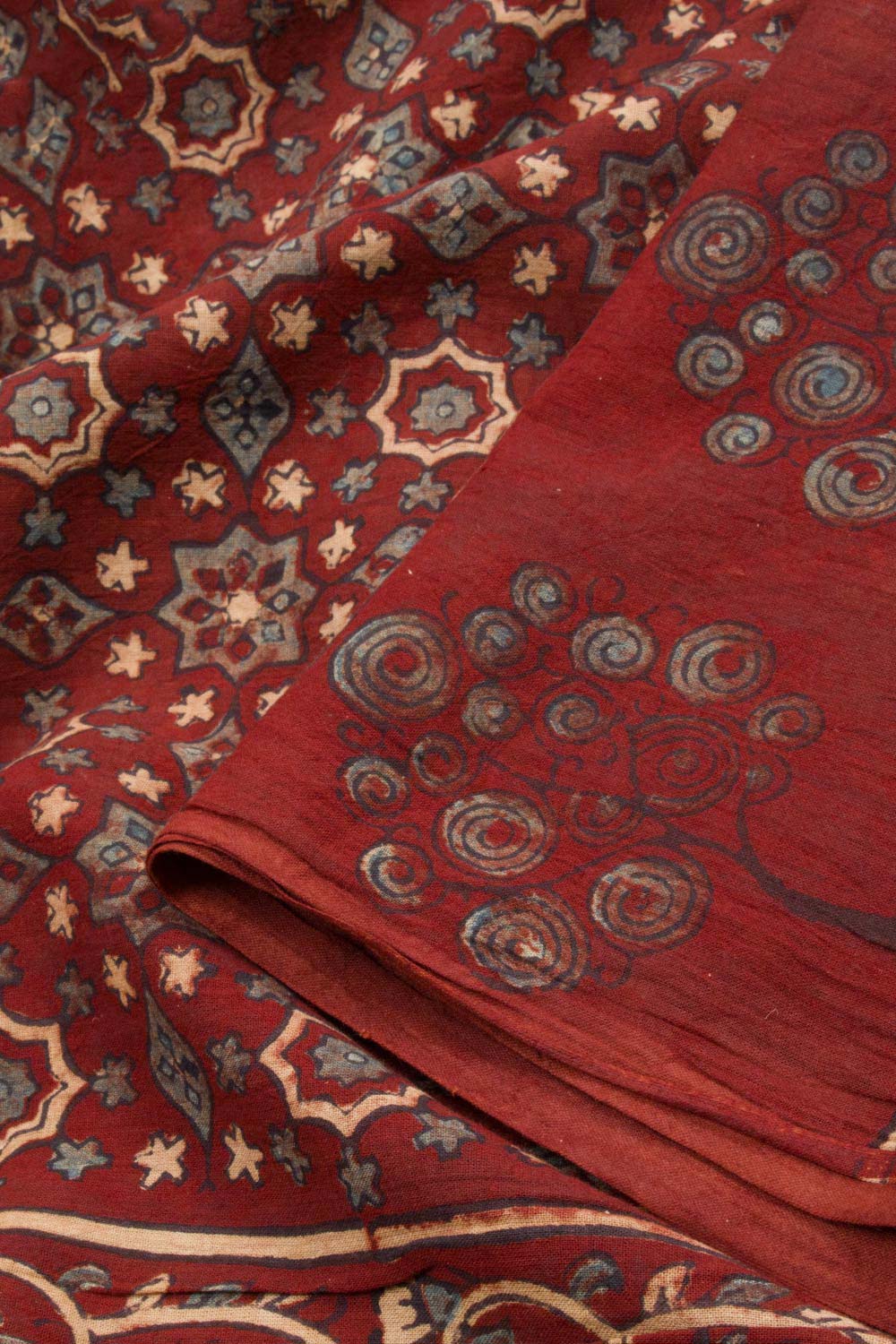 Red Ajrakh Printed Cotton Saree 10062720