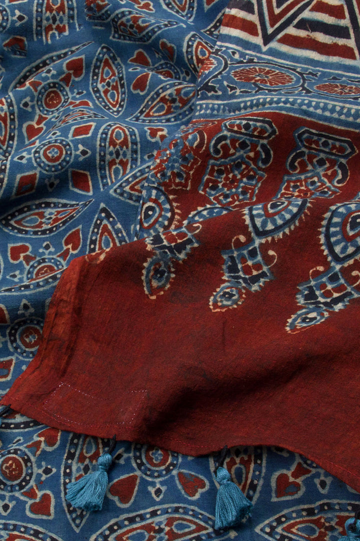 Indigo Blue Ajrakh Printed Silk Cotton Saree 10062722
