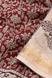 Maroon with Beige Bagh Printed Silk Cotton Saree - 10063036