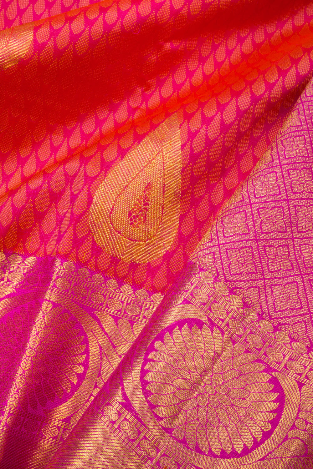 Pink Shot Orange Jacquard Pure Zari Kanjivaram Silk Saree 10063079