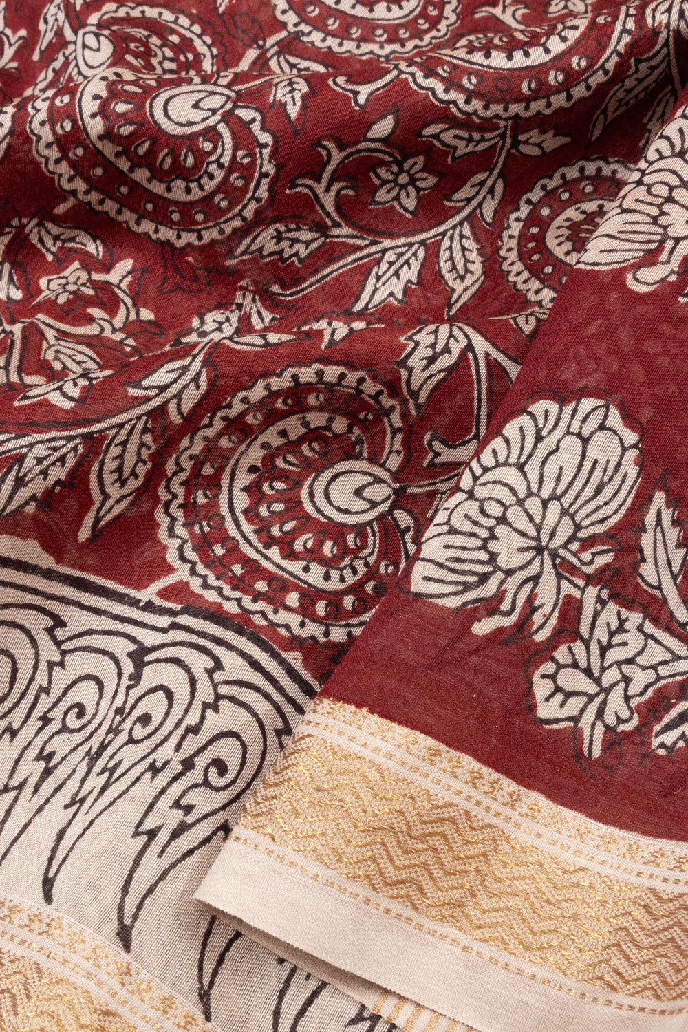 Maroon with Beige Bagh Printed Silk Cotton Saree - 10063090