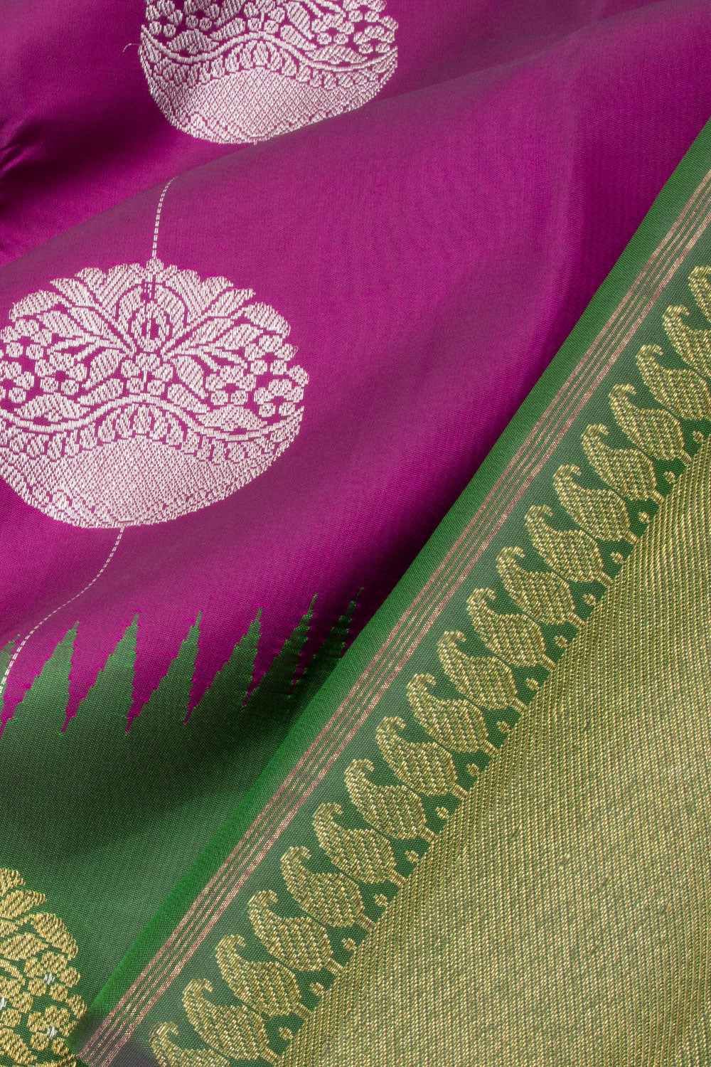 Violet and Green Pure Zari Rising Border Kanjivaram Silk Saree 10063124