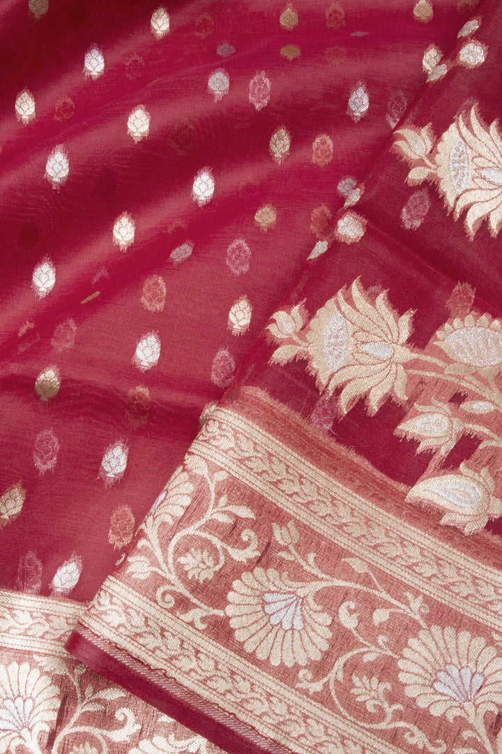 Red Handloom Banarasi Kora Silk Saree