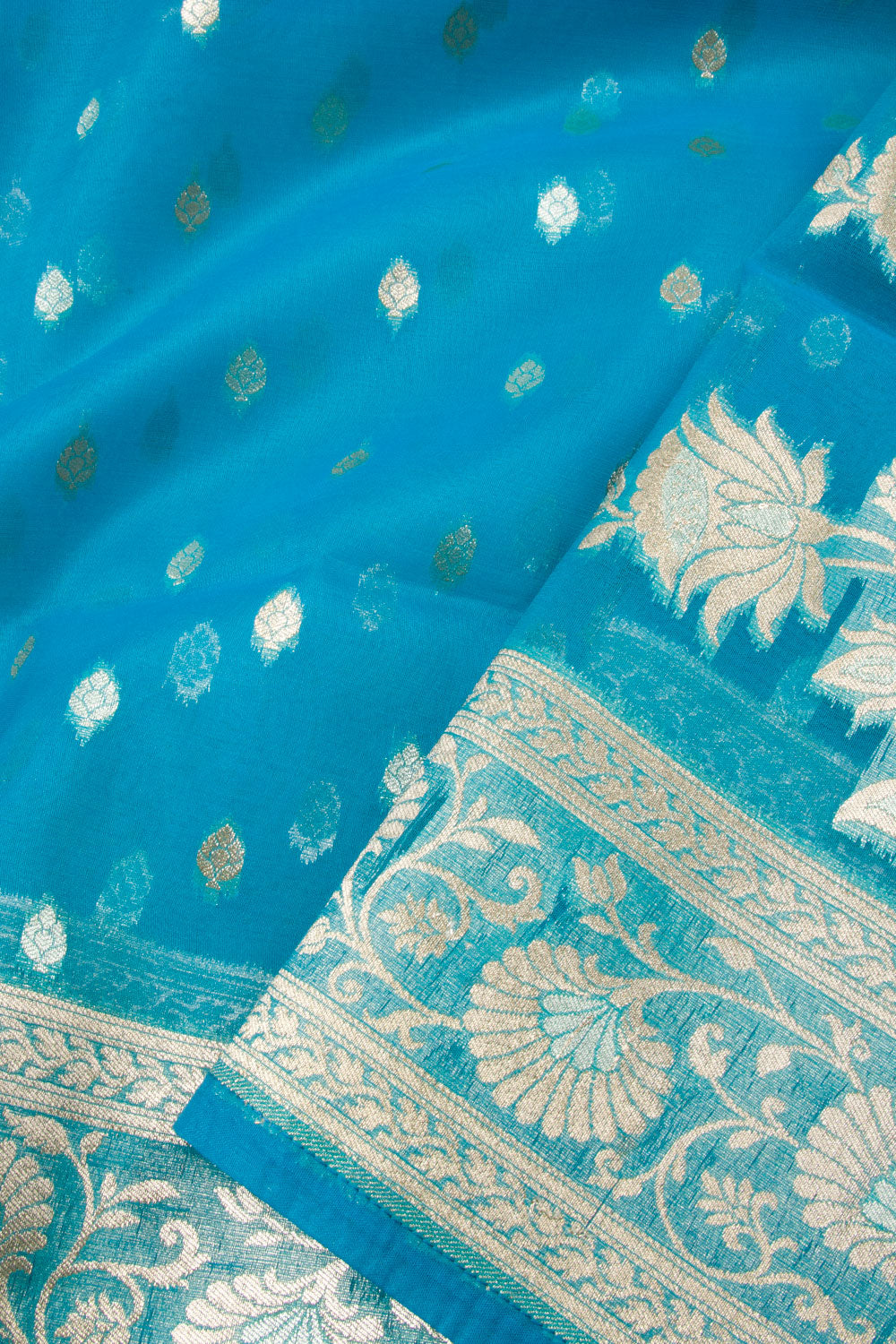 Blue Handloom Banarasi Kora Silk Saree