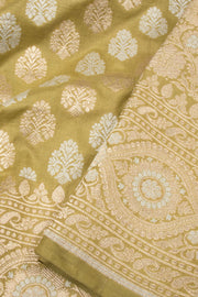 Light Olive Green Handloom Banarasi Katan Silk Saree 10063207