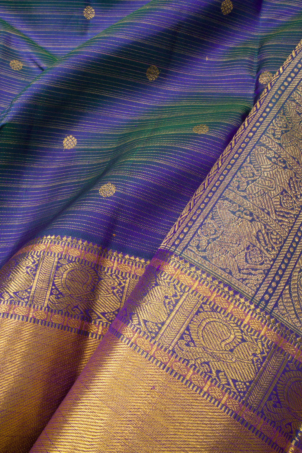 Dark Blue Shot Green Pure Zari Kanjivaram Silk Saree 10063373