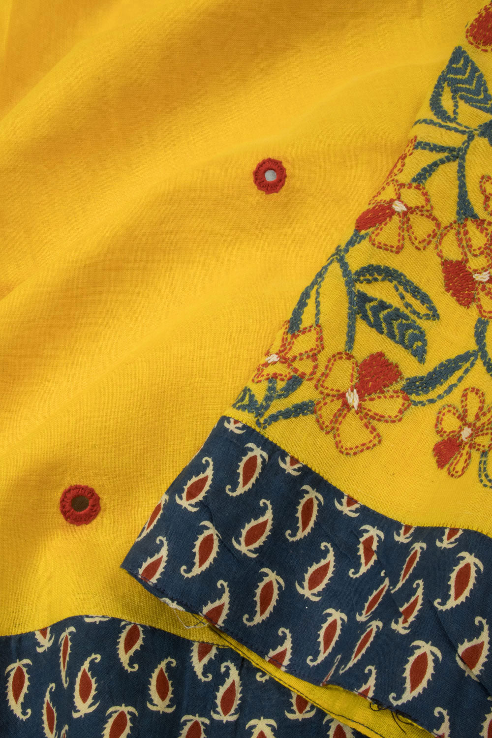 Lemon Yellow Kantha Embroidered Cotton Saree - Avishya
