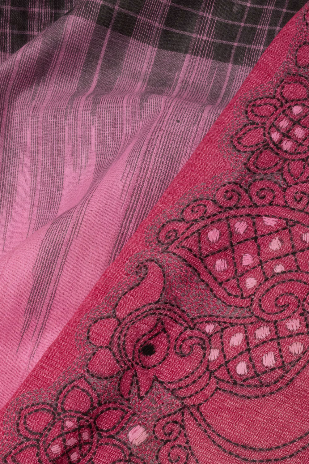 Pink Kantha Embroidered Cotton Saree - Avishya
