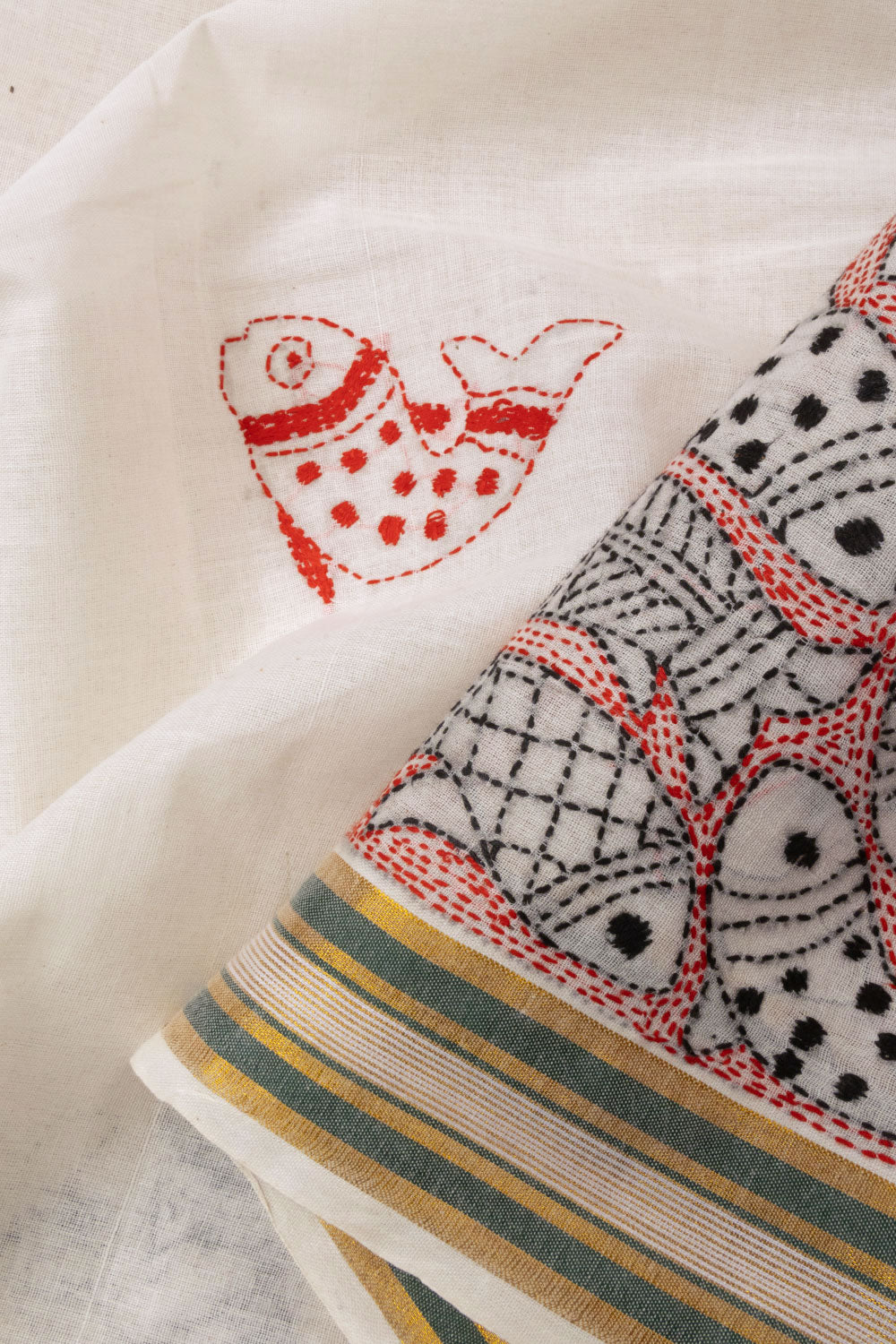 Off White Kantha Embroidered Cotton Saree - Avishya