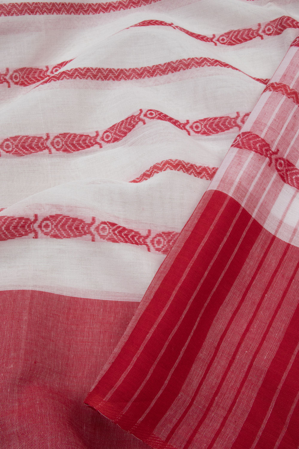 White with Red Handloom Dhaniakhali Cotton Saree - 10063549