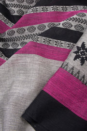 Grey with Pink Handloom Dhaniakhali Cotton Saree - 10063556