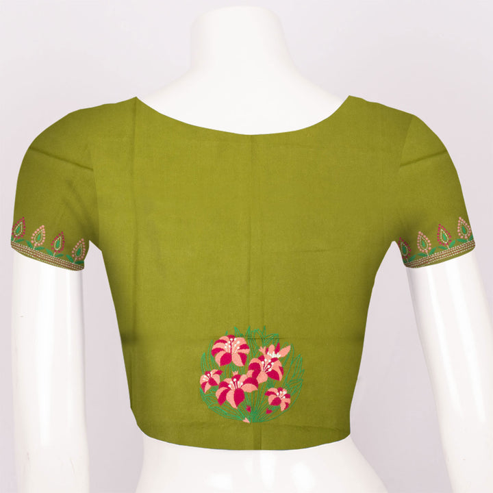 Green Kantha Embroidered Silk Cotton Blouse Material - Avishya