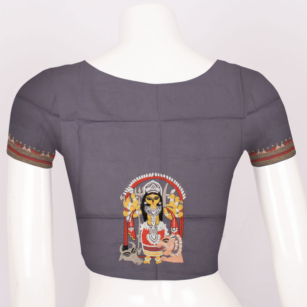 Grey Kantha Embroidered Silk Cotton Blouse Material - Avishya