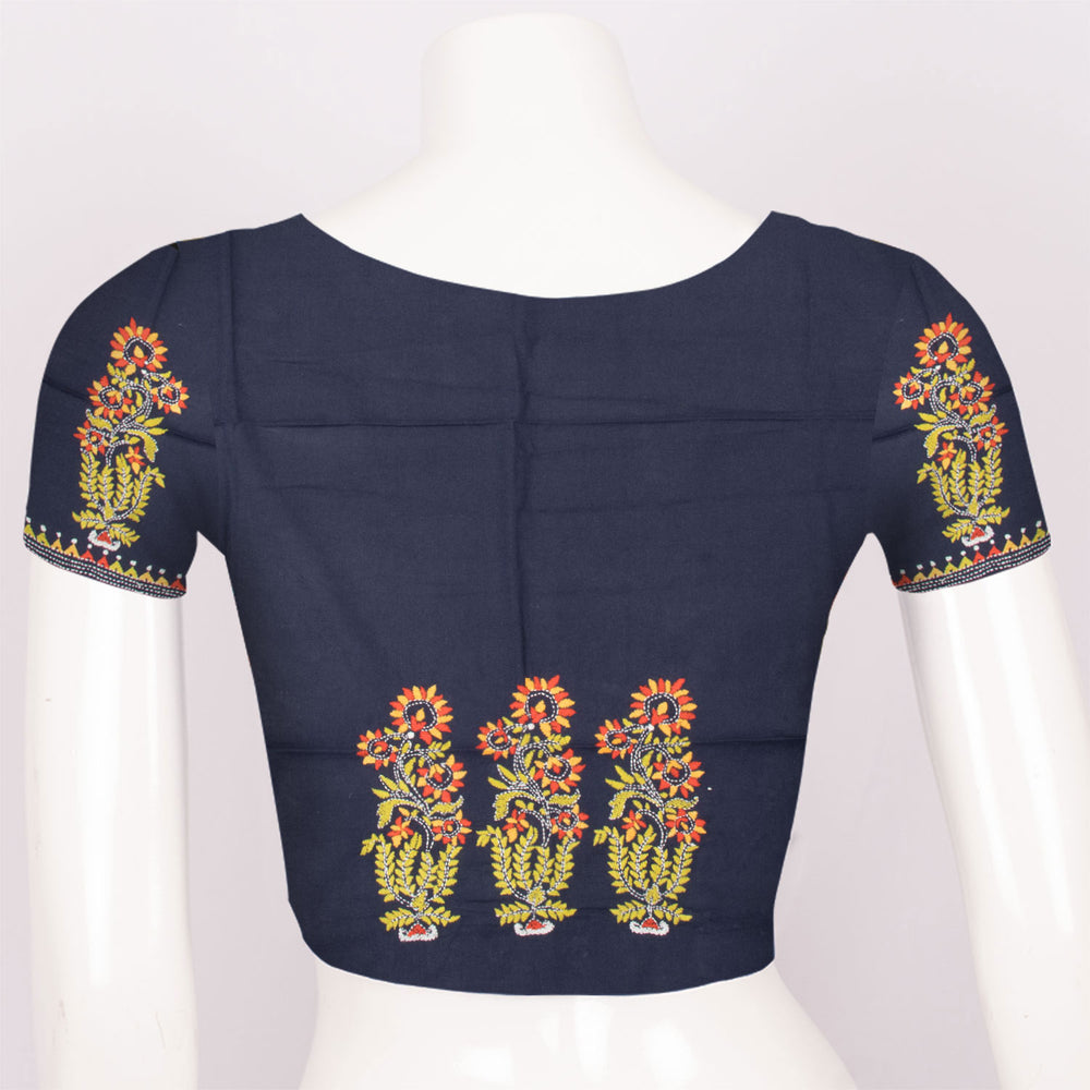 Navy Blue Kantha Embroidered Silk Cotton Blouse Material
