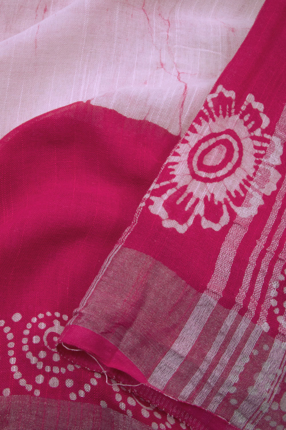 Pink with Off White Batik Printed Linen Cotton Saree - 10063863