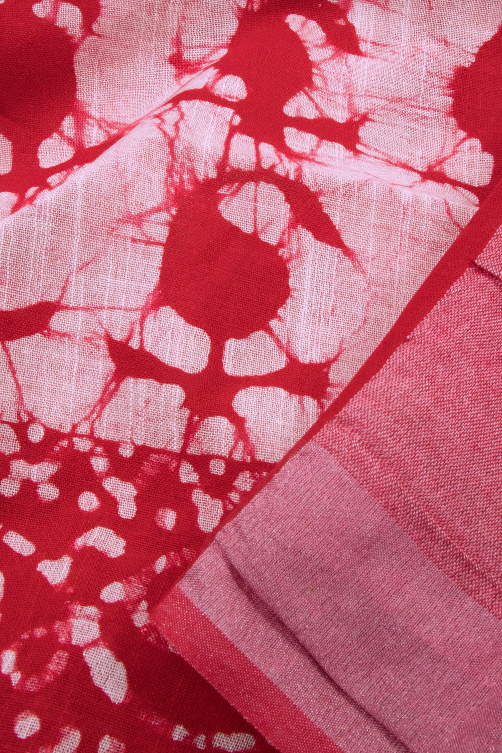 Red with Off White Batik Printed Linen Cotton Saree - 10063865