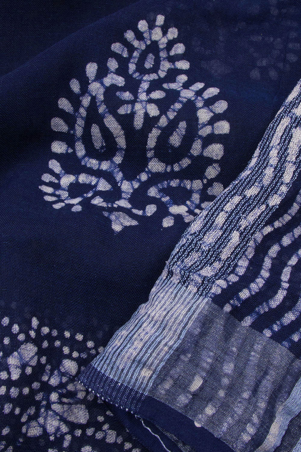 Dark Blue Batik Printed Linen Cotton Saree - 10063864
