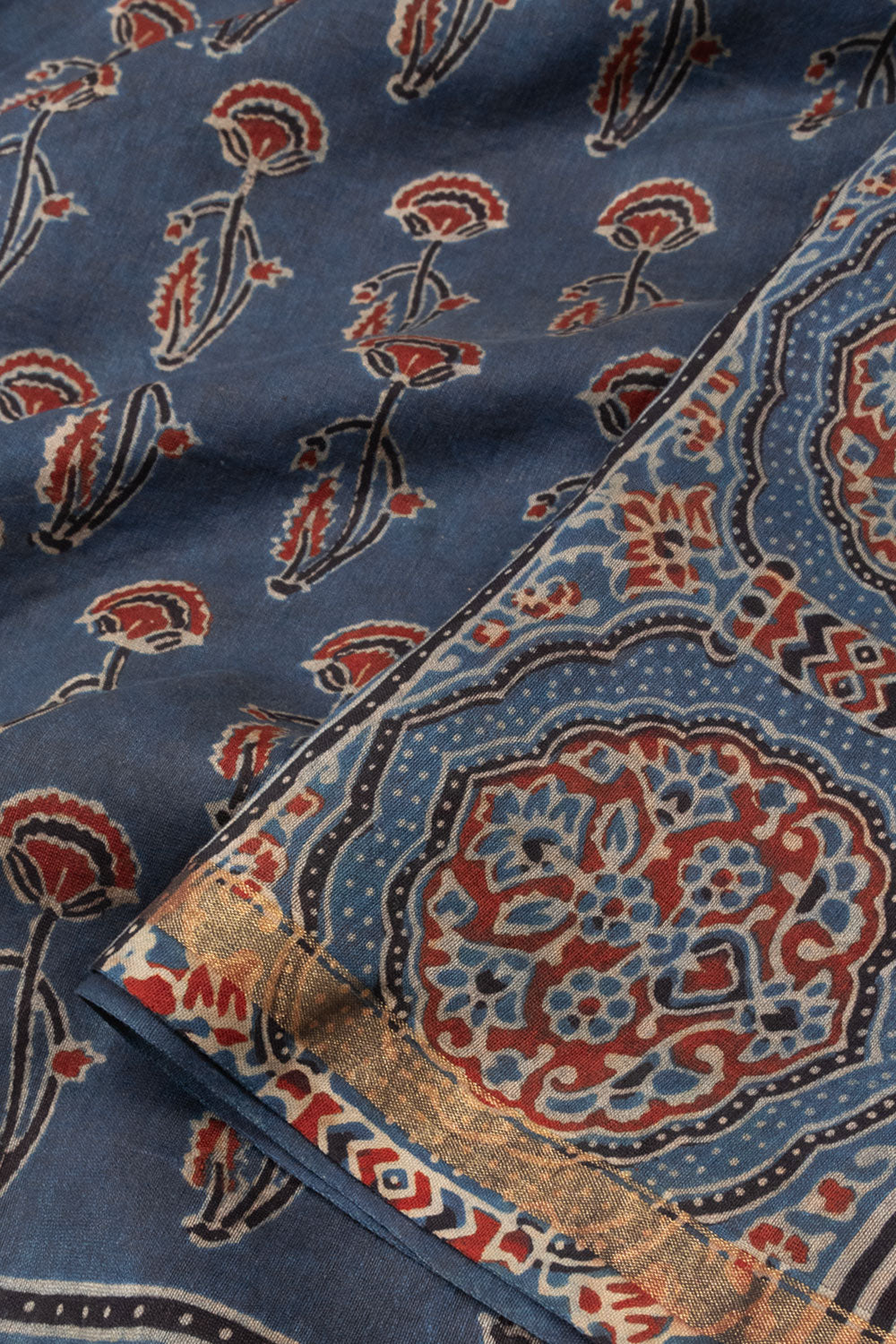 Indigo Blue Ajrakh Printed Silk Cotton Saree 10063916