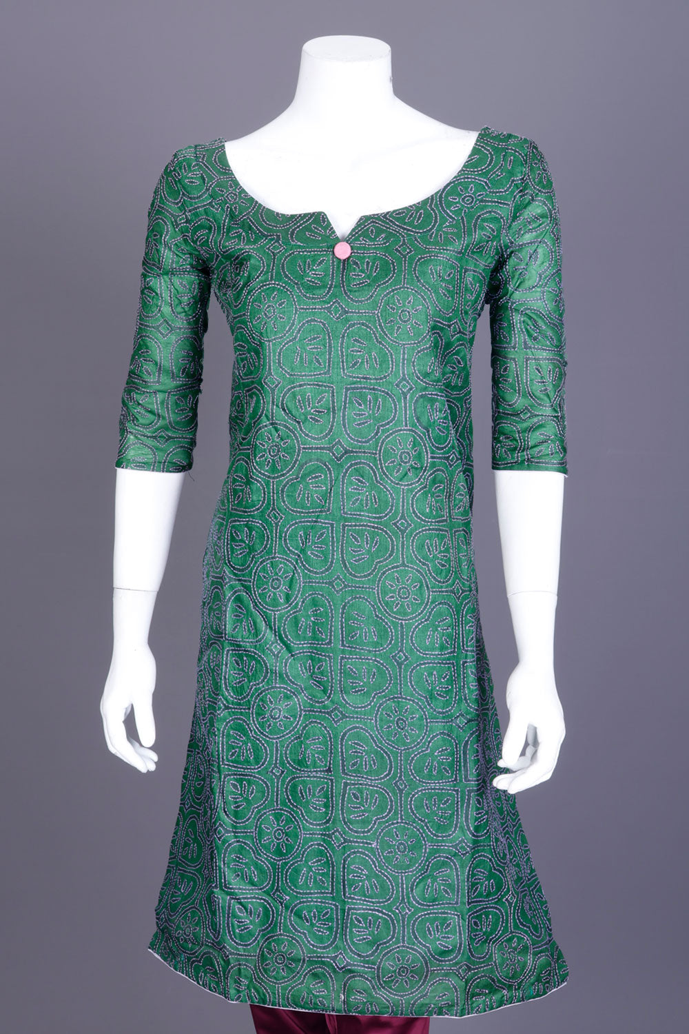 Green Kantha Embroidered Tussar Silk Kurta - Avishya