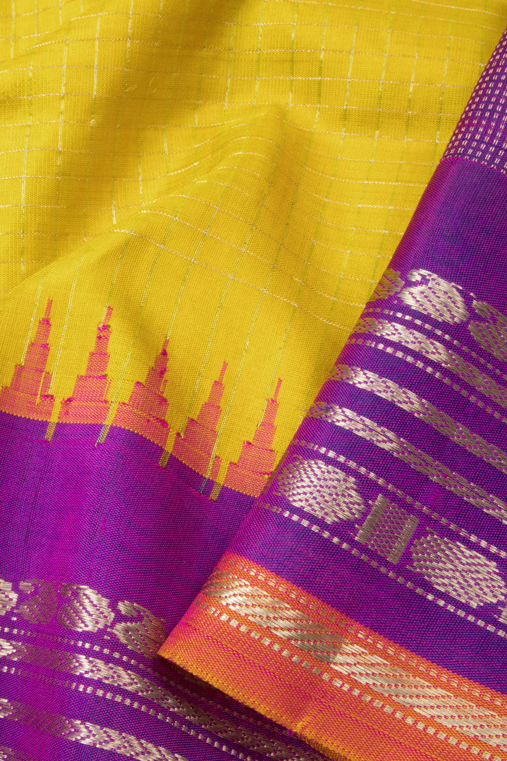 Yellow with Violet Handloom Gadwal Kuttu Silk Saree - Avishya