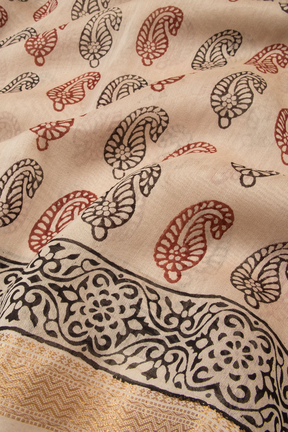 Off White with Maroon Bagh Printed Silk Cotton Saree - Avishya
