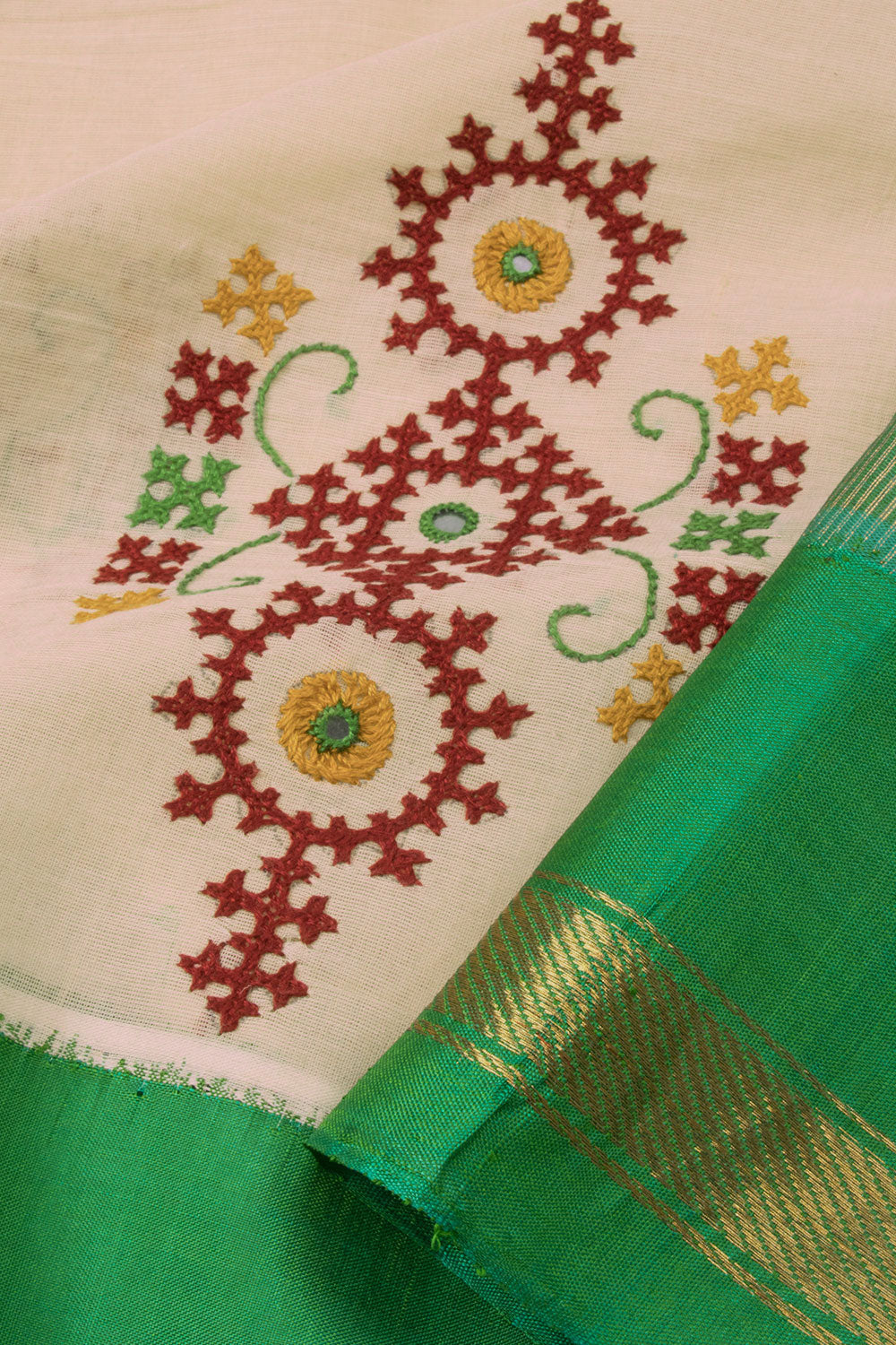 Off White Hand Embroidered Gadwal Kuttu Cotton Saree 10064704