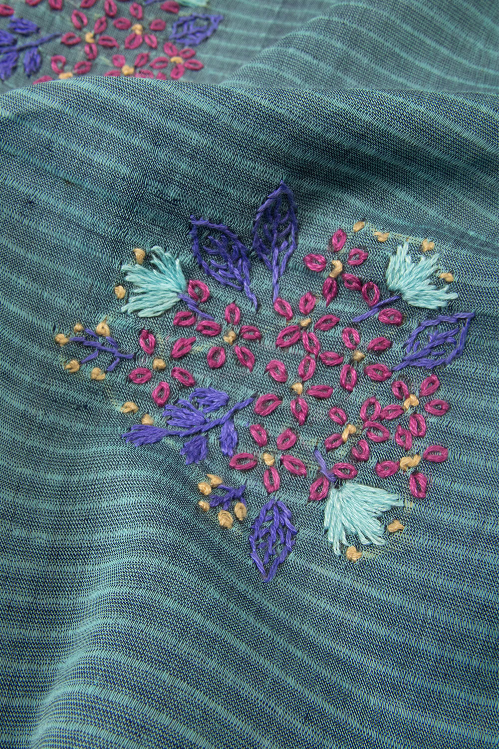 Berry Blue Hand Embroidered Mangalgiri Cotton Saree - Avishya