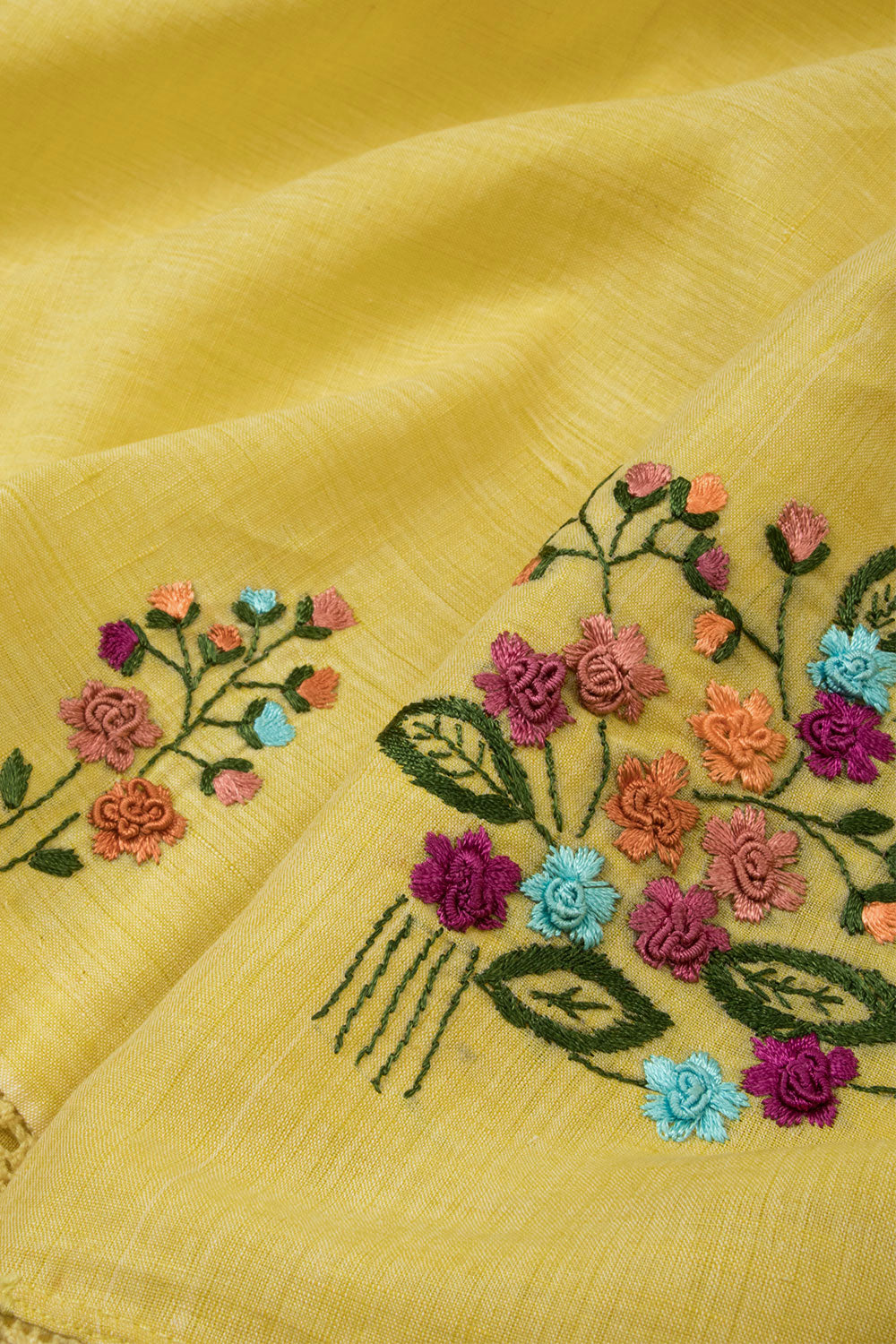 Yellow  Embroidered Linen Silk Saree 10064718