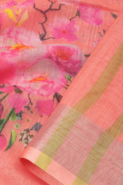  Salmon Pink Fancy Printed Linen Saree - Avishya.com