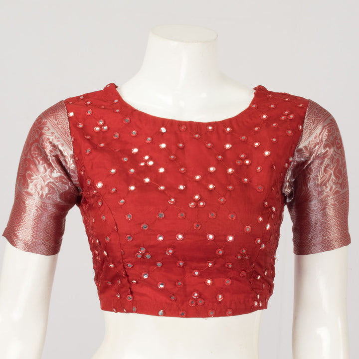Red Mirror Embroidered Net Silk Blouse - Avishya