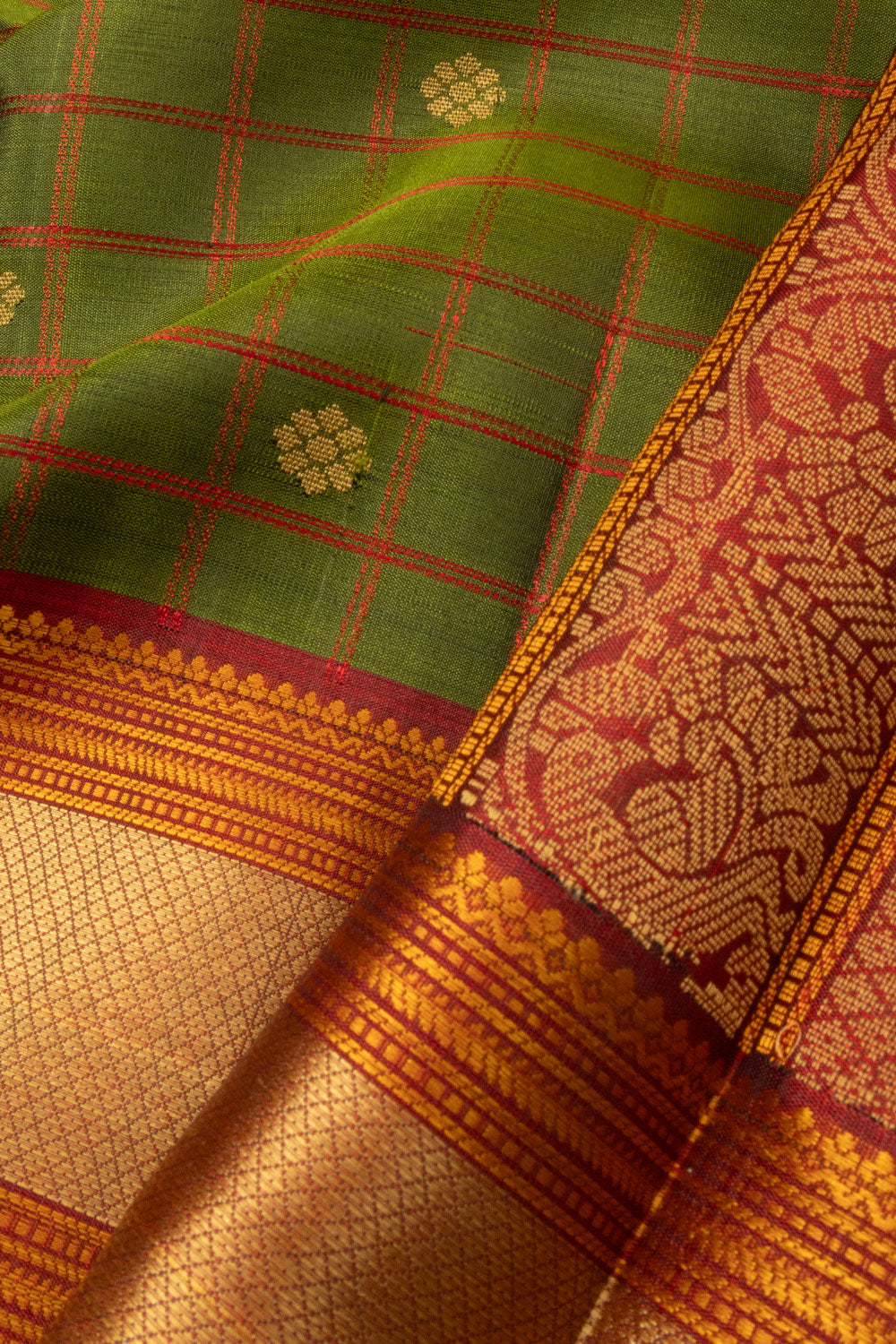 Forest Green Handloom Thread work Korvai Kanjivaram Silk Saree - Avishya