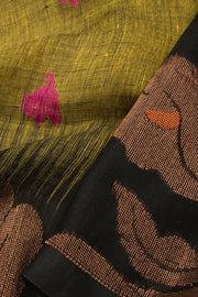 Yellow Green Handloom Jamdani Linen Saree - Avishya