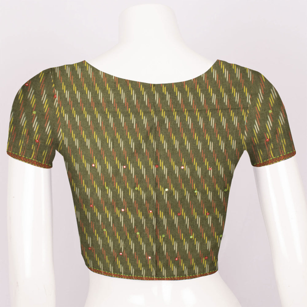 Green Ikat Embroidered Cotton Blouse Material - Avishya