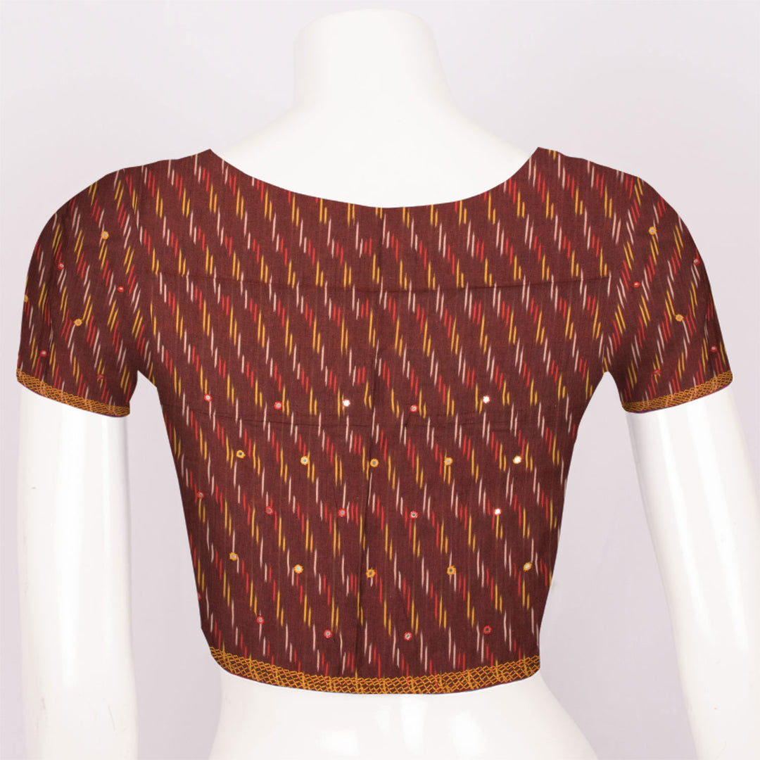 Brown Ikat Embroidered Cotton Blouse Material - Avishya