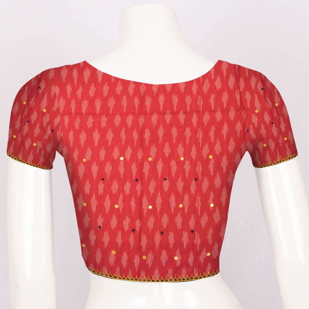 Red Ikat Embroidered  Cotton Blouse Material - Avishya
