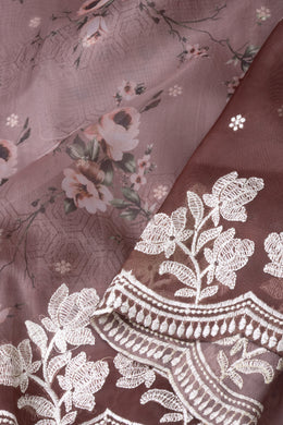 Vintage Rose Blush Brown Floral Printed Organza Saree 10076560