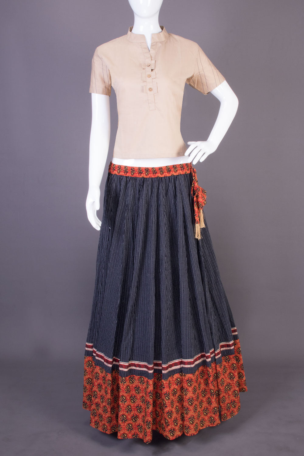 Black Hand Block Printed Cotton Skirt 10065530(Size-36 to 40)-Avishya