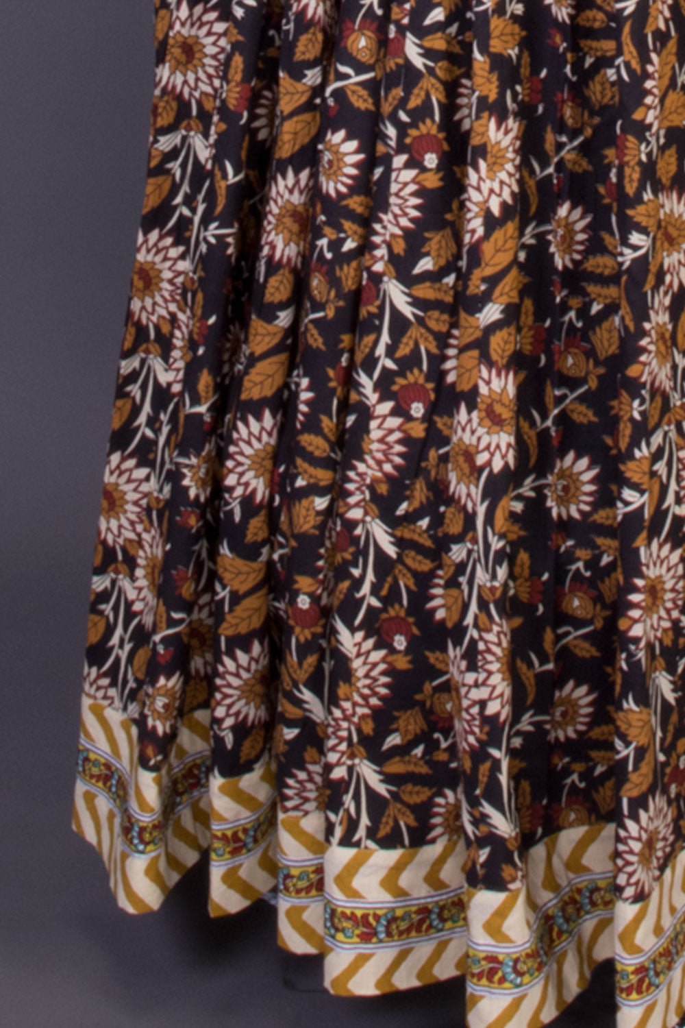 Black Hand Block Printed Cotton Skirt 10065538(Size-36 to 40)-Avishya