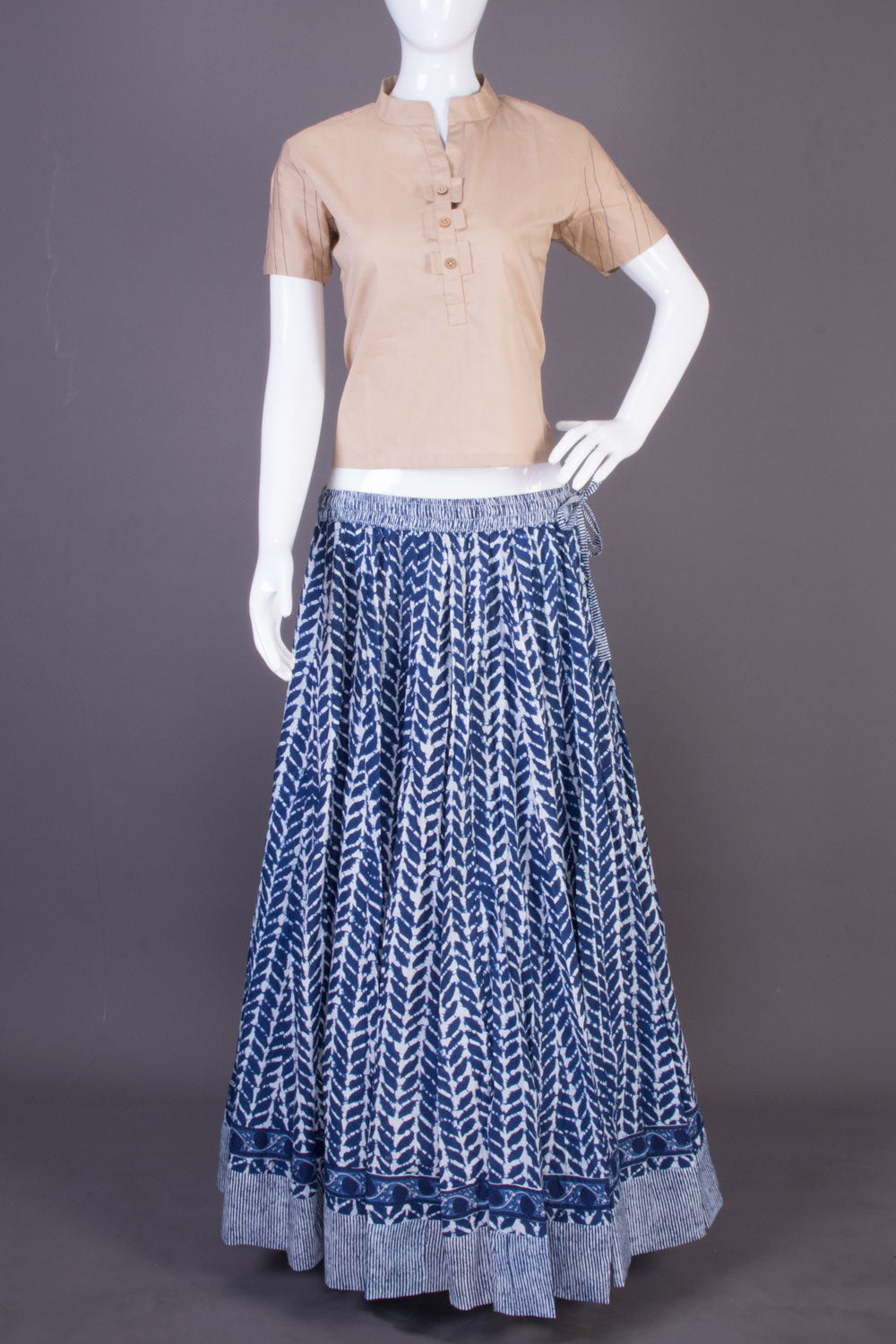 Denim Blue Hand Block Printed Cotton Skirt 10065529(Size-36 to 40)-Avishya