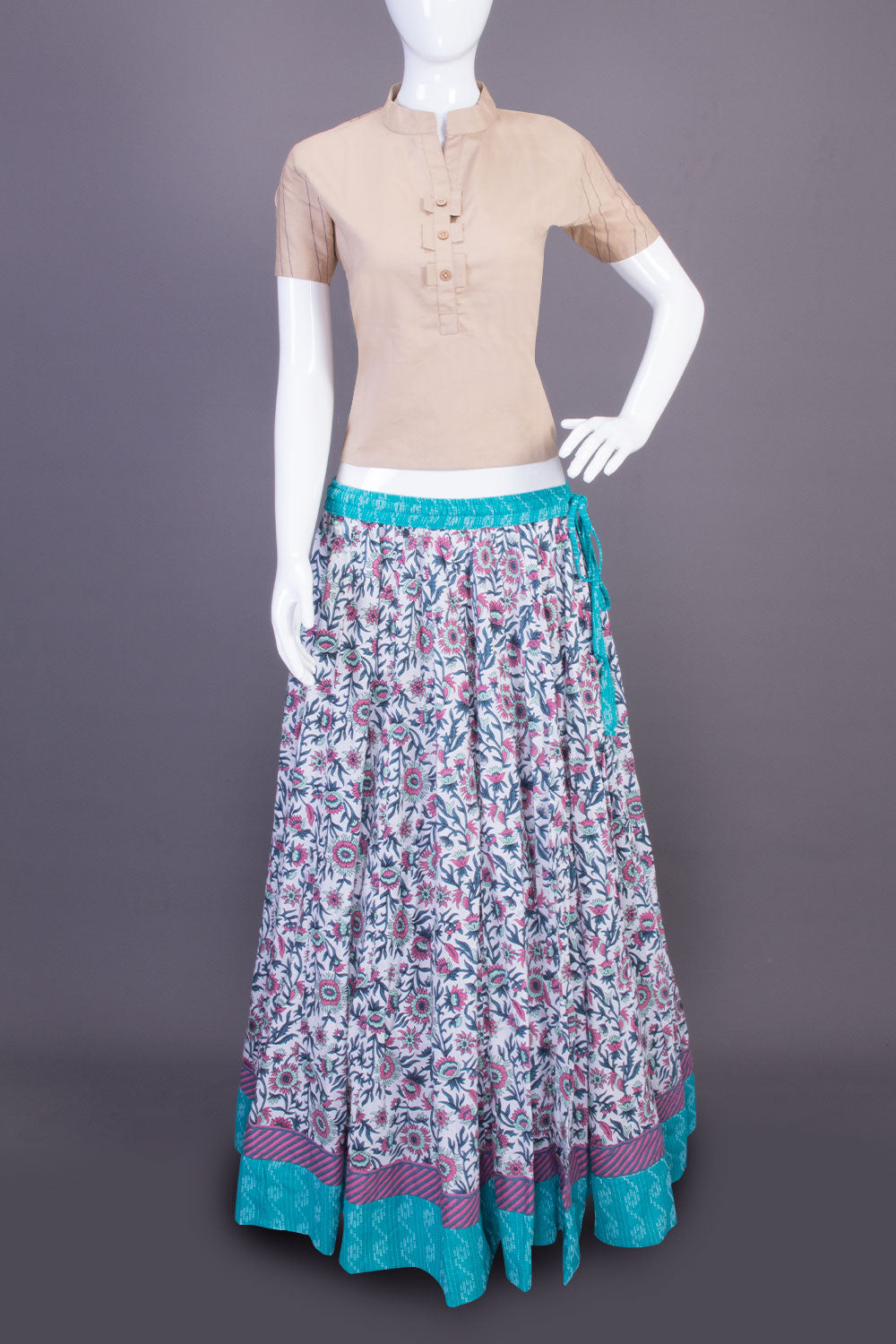 White Hand Block Printed Cotton Skirt 10065539(Size-36 to 40)-Avishya