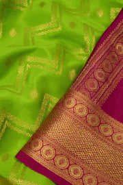 Lime Leaf Green Mysore Crepe Silk Saree With Geometric Design And Zari Border 10076679