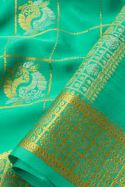 Aqua Mint Green Mysore Crepe Silk Saree With Floral Design And Zari Border 10076680