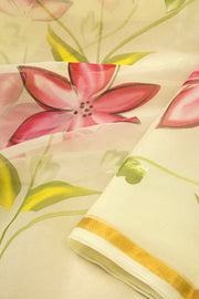 Cream Hand Painted Organza Saree - Avishya