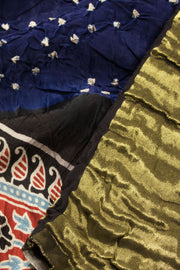 Navy Blue Handloom Ajrakh Bandhani Modal Silk Saree - Avishya