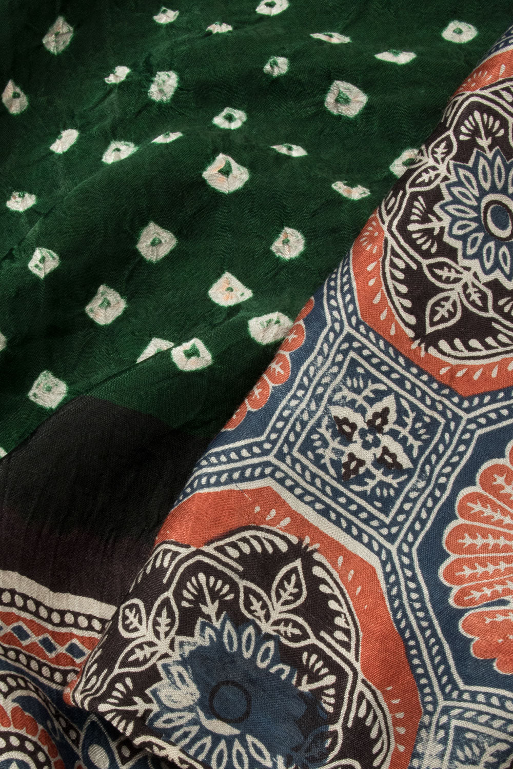 Green Handloom Ajrakh Bandhani Modal Silk Saree - Avishya