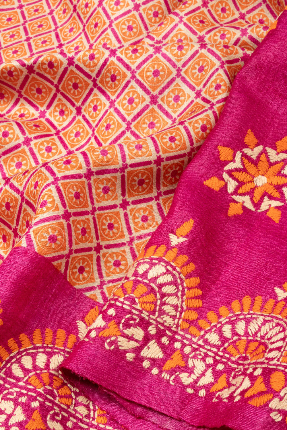 Light Orange Kantha Embroidered Tussar Silk Saree - Avishya