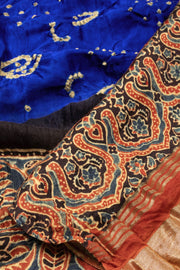 Blue Handcrafted Ajrakh Printed Bandhani Gajji Silk Saree 10066016