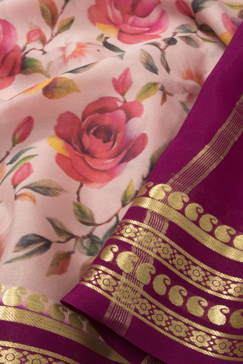 Light Pink Digital Printed Mysore Crepe Silk Saree- Avishya