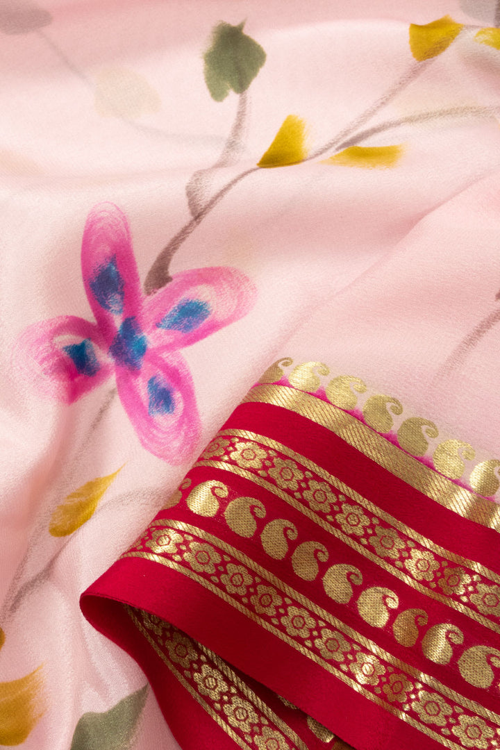 Baby Pink Hand Painted Mysore Crepe Silk Saree - Avishya